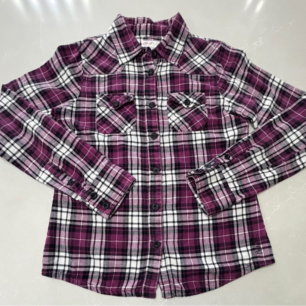 O'Neill Purple Black Plaid Flannel Button Up Shirt L